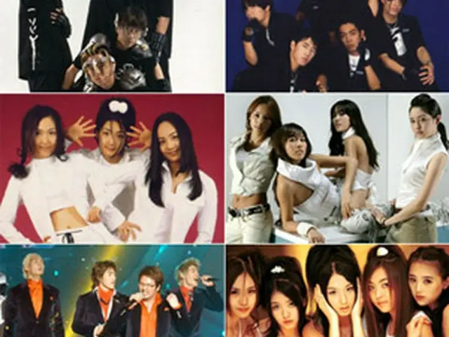 写真左側＝上からH.O.T.、S.E.S.、god<br>写真右側＝上からSechs Kies、Fin.K.L、Baby V.O.X