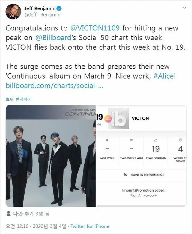 米ビルボードのコラムニスト、「VICTON」の「ソーシャル50」最高19位更新を祝福（提供:OSEN）