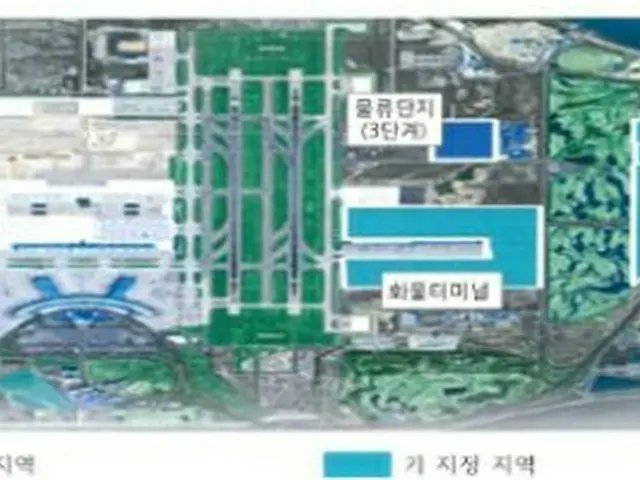 青色で塗った部分が、新たに自由貿易地域に指定される仁川空港の第３期物流団地。水色は現在の自由貿易地域（産業通商資源部提供）＝（聯合ニュース）≪転載・転用禁止≫
