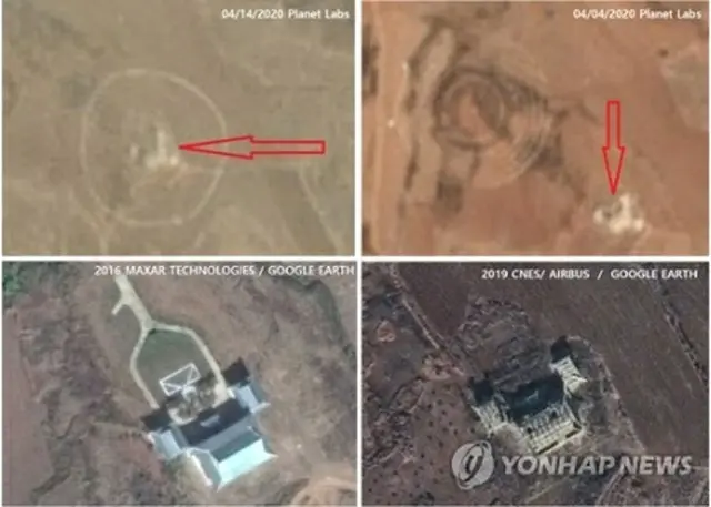 プラネット・ラボが今月１４日に撮影した衛星画像（左上）で、赤い矢印で示した青瓦台模型の周囲に大きな円が描かれている（ＶＯＡホームページより）＝（聯合ニュース）≪転載・転用禁止≫