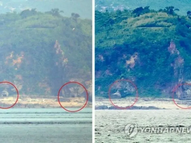 仁川の延坪島から見た北朝鮮側の海岸。右は３０日の様子で海岸砲の砲門が閉じられており、左は緊張の高まりが続いていた１９日の様子で砲門が開いた状態になっている＝３０日、延坪島（聯合ニュース）