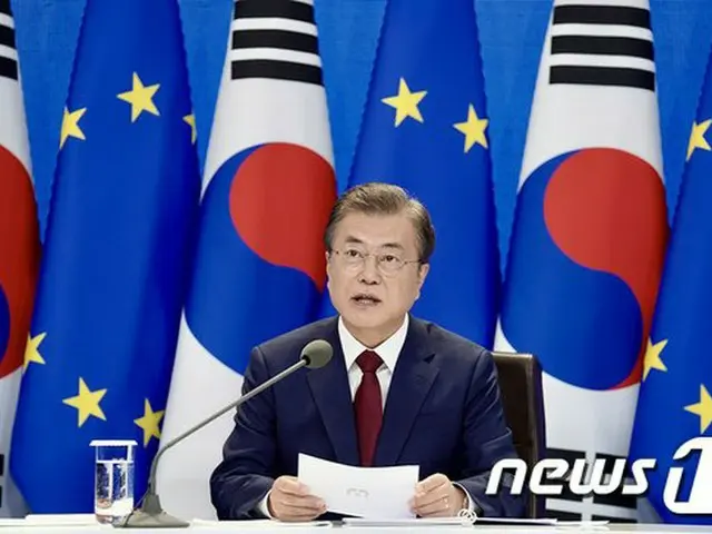 韓国・EUのTV首脳会談で発言している文在寅 韓国大統領（提供:news1）