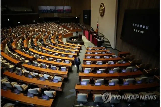 国会本会議。未来統合党は欠席した＝３日、ソウル（聯合ニュース）