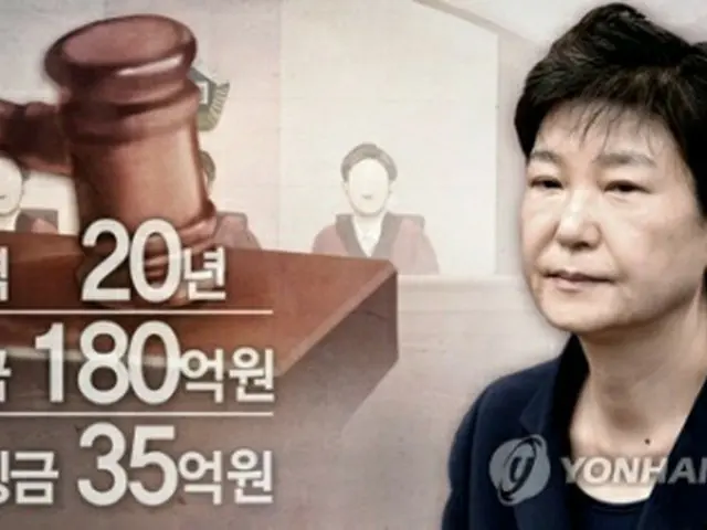 朴被告に対する差し戻し審の判決公判でソウル高裁は懲役２０年、罰金１８０億ウォン、追徴金３５億ウォンを言い渡した（コラージュ）＝（聯合ニュース）