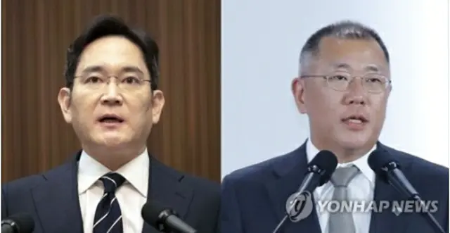 李在鎔（イ・ジェヨン）サムスン電子副会長（左）と現代自動車グループの鄭義宣（チョン・ウィソン）総括首席副会長＝（聯合ニュース）