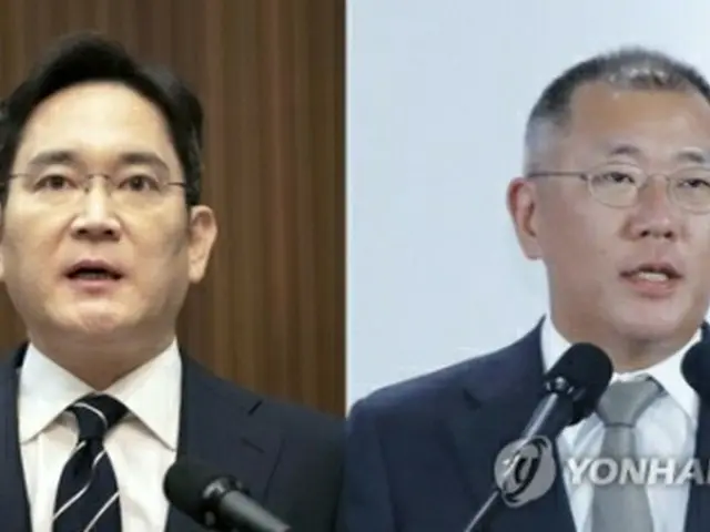 李在鎔（イ・ジェヨン）サムスン電子副会長（左）と現代自動車グループの鄭義宣（チョン・ウィソン）総括首席副会長＝（聯合ニュース）