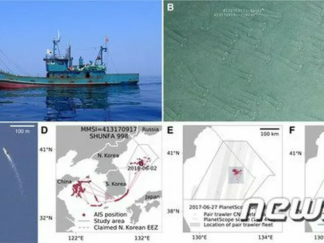 密漁活動を監視する国際非営利団体“グローバル漁業監視（GFW）”が明らかにした、中国漁船による北朝鮮水域での不法なイカ漁（提供:news1）