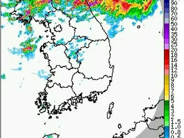 ５日午前５時現在の降雨量を示すレーダー画像（気象庁提供）＝（聯合ニュース）≪転載・転用禁止≫