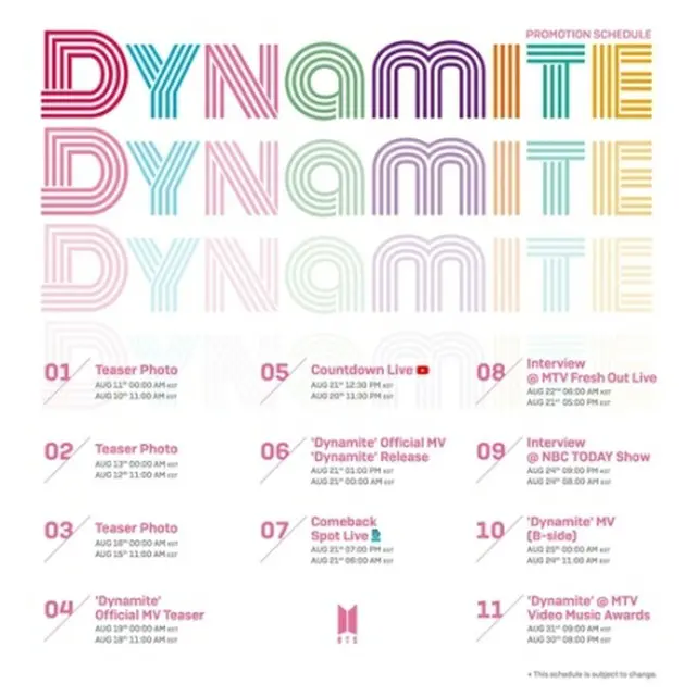 「Dynamite」のプロモーションスケジュール（所属事務所提供）＝（聯合ニュース）≪転載・転用禁止≫