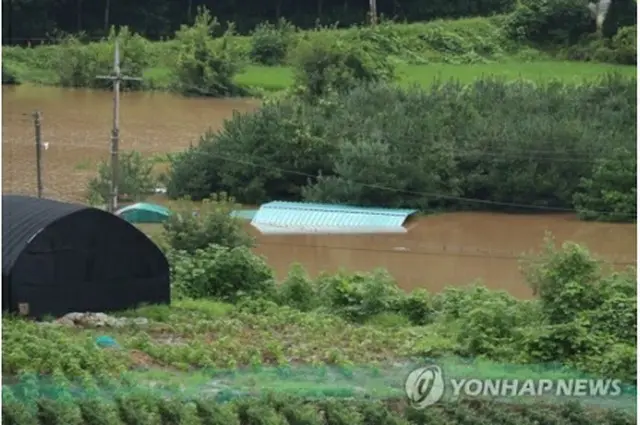 北朝鮮から韓国に流れ込む臨津江の下流、京畿道漣川郡で川沿いの農耕地が冠水している＝6日、漣川（聯合ニュース）
