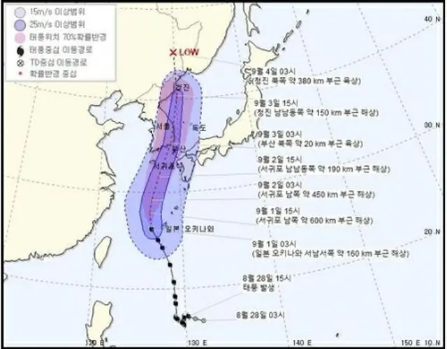 1日午前3時時点の台風9号の移動経路（気象庁提供）＝（聯合ニュース）≪転載・転用禁止≫