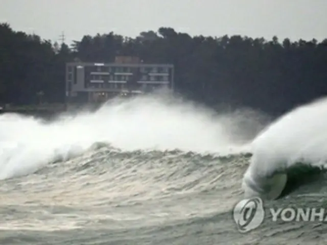 非常に強い台風９号が韓国南部の済州島に接近している。台風の影響で高波が押し寄せる同島南部・西帰浦の海＝２日、西帰浦（聯合ニュース）
