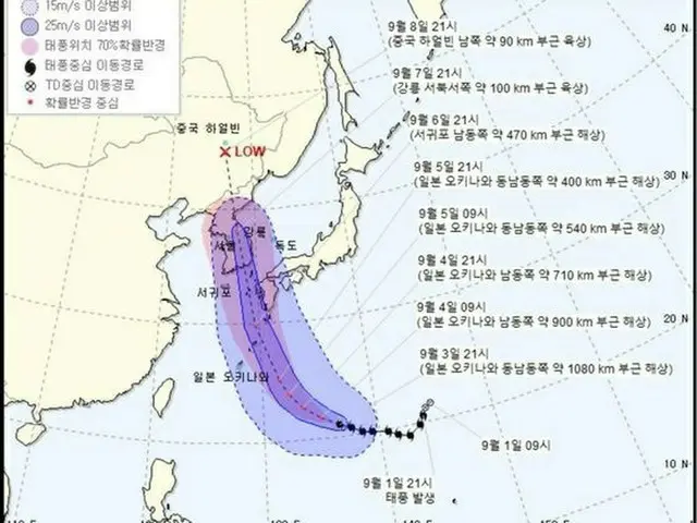 台風10号「ハイシェン」、7日に朝鮮半島直撃…プサン（釜山）上陸後カンヌン（江陵）へ移動（提供:news1）