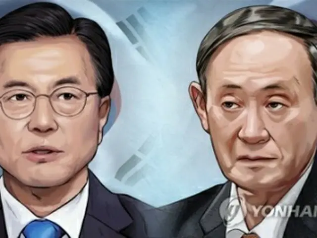 文在寅（ムン・ジェイン）大統領（左）と菅義偉新首相（イラスト）＝（聯合ニュース）