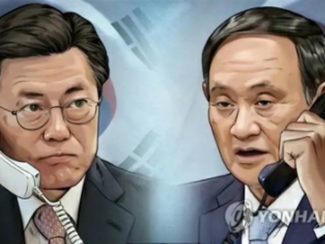 文大統領（左）と菅首相（イラスト）＝（聯合ニュース）