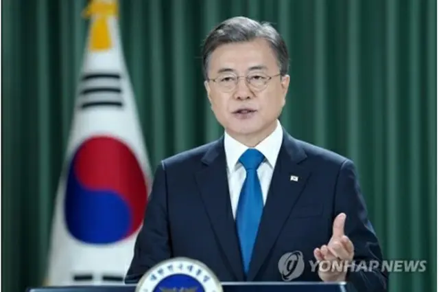 ２３日未明（日本時間）、国連総会で一般討論演説を行う文大統領（大統領府提供）＝（聯合ニュース）≪転載・転用禁止≫