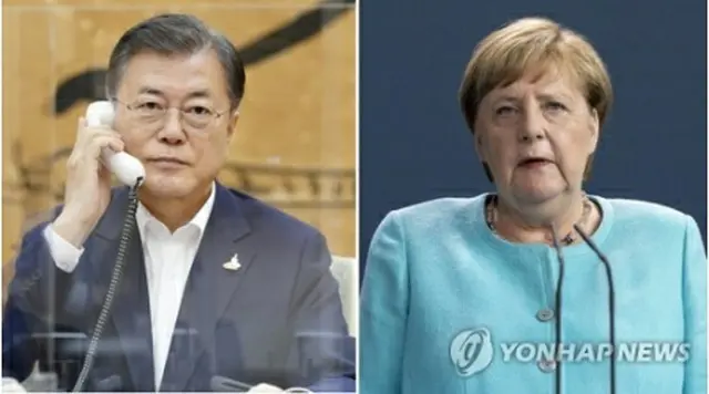 文大統領（左）とメルケル首相（大統領府提供、EPA資料写真）＝（聯合ニュース）≪転載・転用禁止≫
