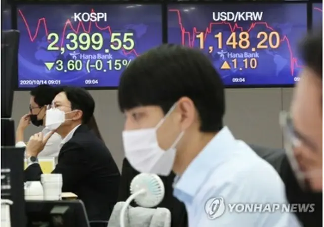ハナ銀行本店のディーリングルーム＝１４日、ソウル（聯合ニュース）