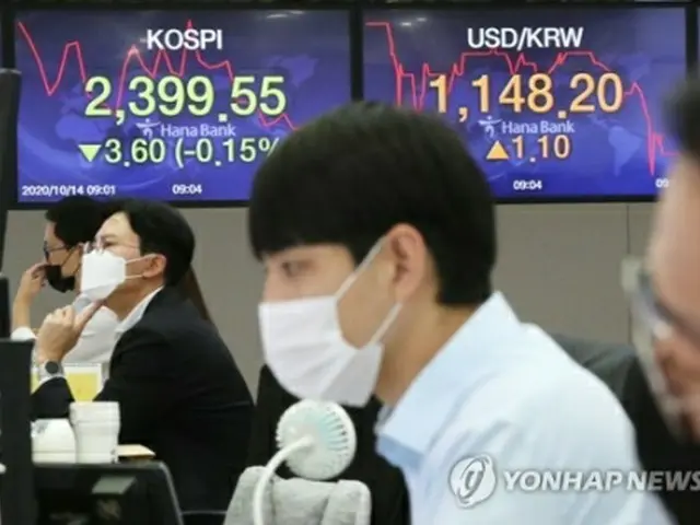 ハナ銀行本店のディーリングルーム＝１４日、ソウル（聯合ニュース）