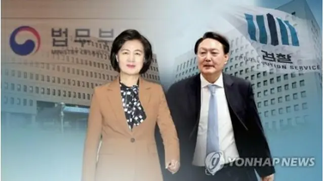 秋美愛法務部長官（左）と尹錫悦検事総長＝（聯合ニュースＴＶ）