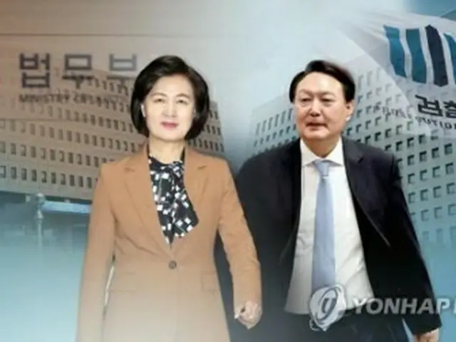 秋美愛法務部長官（左）と尹錫悦検事総長＝（聯合ニュースＴＶ）