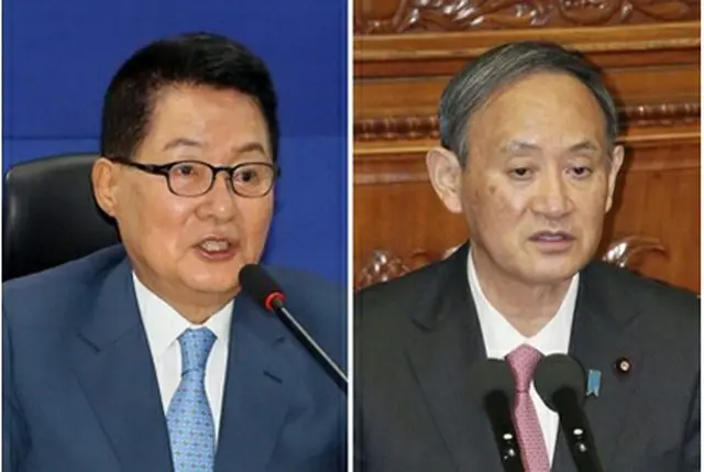 朴智元氏（左）と菅義偉氏＝（共同通信＝聯合ニュース）