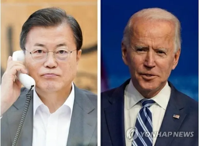 文大統領（左）とバイデン氏＝（ＡＰ＝聯合ニュース）≪転載・転用禁止≫