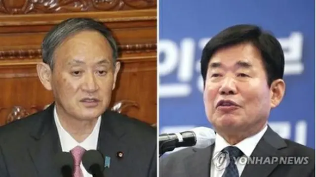 金氏（右）と菅氏＝（共同＝聯合ニュース）