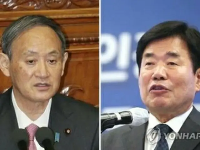 金氏（右）と菅氏＝（共同＝聯合ニュース）
