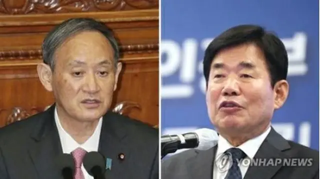 金氏（右）と菅氏＝（共同＝聯合ニュース）