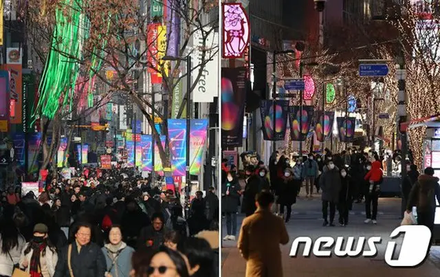 昨年のクリスマスイブ（12月24日） 防疫措置強化中の韓国ソウルの明洞通り（右）と、その前の年（左）との比較（画像提供:wowkorea）