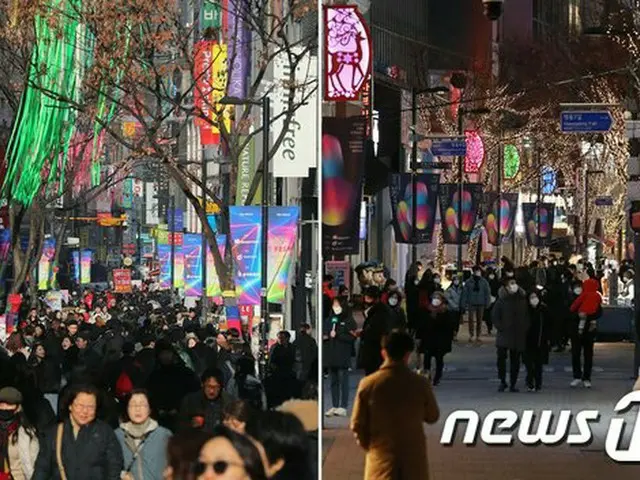 昨年のクリスマスイブ（12月24日） 防疫措置強化中の韓国ソウルの明洞通り（右）と、その前の年（左）との比較（画像提供:wowkorea）