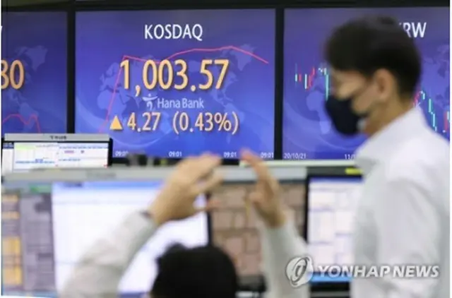 コスダック指数が表示されたハナ銀行のモニター＝２６日、ソウル（聯合ニュース）