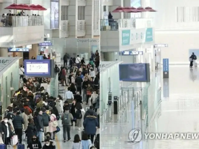 新型コロナ流行前の仁川国際空港の出国ロビー（左）と流行後の様子（資料写真）＝（聯合ニュース）