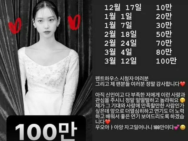 「ペントハウス2」女優ハン・ジヒョン、SNSフォロワー100万人達成に心境「驚いた」（画像提供:wowkorea）