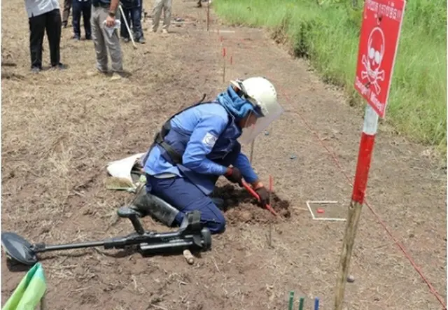 KOICAがカンボジアで地雷除去に取り組む。除去作業を実演してみせる現地の関係者（KOICA提供）=（聯合ニュース）≪転載・転用禁止≫