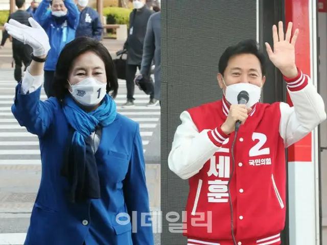 韓国のソウル市長補欠選挙、与党“共に民主党”の朴映宣候補（左）と野党第一党“国民の力”の呉世勲 候補（画像提供:wowkorea）