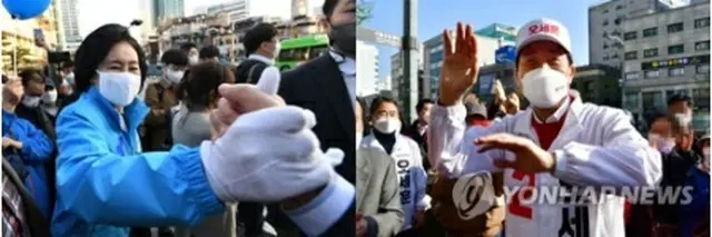 選挙運動を行う朴氏（左）と呉氏（国会写真記者団）＝５日、ソウル（聯合ニュース）