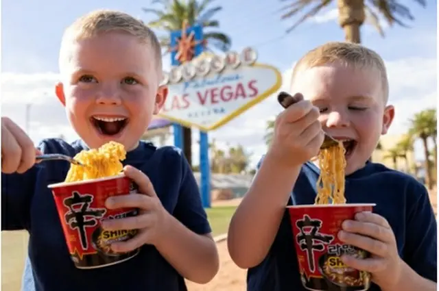 辛ラーメンを食べる米国の子ども（農心提供）＝（聯合ニュース）≪転載・転用禁止≫