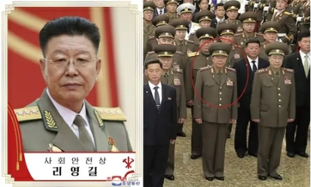 社会安全省の制服を着用した李永吉氏（左）。朝鮮中央テレビが報じた錦繍山太陽宮殿の参拝では軍服を着用している（労働新聞・朝鮮中央テレビより）＝（聯合ニュース）≪転載・転用禁止≫