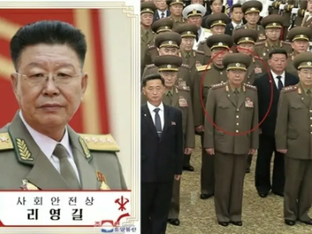 社会安全省の制服を着用した李永吉氏（左）。朝鮮中央テレビが報じた錦繍山太陽宮殿の参拝では軍服を着用している（労働新聞・朝鮮中央テレビより）＝（聯合ニュース）≪転載・転用禁止≫
