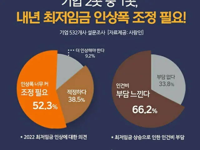韓国の企業532社を対象にした調査で「企業の2社のうち1社は、来年の最低賃金の引き上げ幅は、調整が必要だ」と答えている（画像提供:wowkorea）