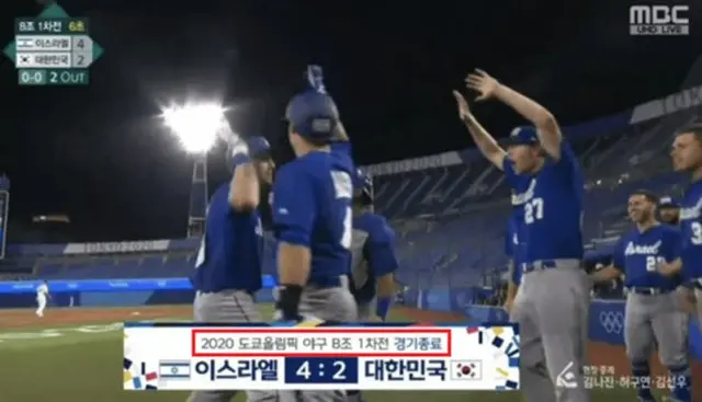 韓国MBCは 野球競技の6回に、「2020東京オリンピック 野球B組1次戦の競技終了」「イスラエル4-2大韓民国」という字幕を出した（画像提供:wowkorea）