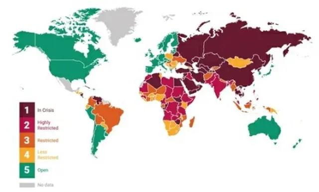 国際人権団体「アーティクル１９」が評価した「表現の自由」のレベル（同団体の報告書から）＝（聯合ニュース）≪転載・転用禁止≫