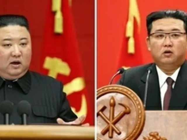 ３月の市・郡党責任書記講習での金委員長（左）と今月１０日の党創建７６年記念講演会で演説する金委員長（資料写真）＝（聯合ニュース）