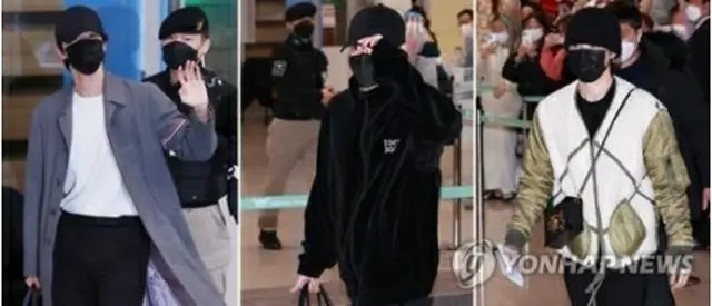 仁川国際空港に到着した（左から）JIN、JUNG　KOOK、JIMIN＝6日、仁川（聯合ニュース）