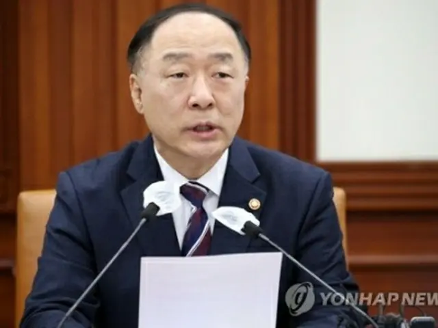 会議で発言する洪楠基副首相＝13日、ソウル（聯合ニュース）