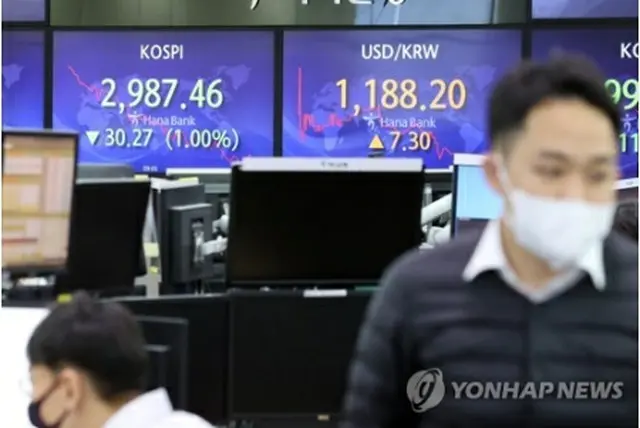 ハナ銀行本店のディーリングルーム＝２０日、ソウル（聯合ニュース）