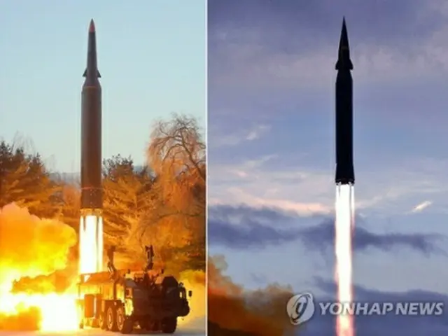 左の写真は５日に発射されたミサイル、右は昨年９月２８日に発射されたミサイルで、弾頭部の形がやや異なるように見える（資料写真）＝（朝鮮中央通信＝聯合ニュース）≪転載・転用禁止≫