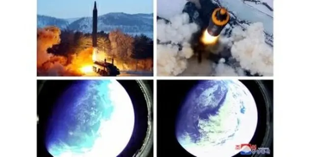 朝鮮中央通信が公開した中距離弾道ミサイル「火星12」の発射実験の様子とミサイル弾頭部に設置したカメラで撮影した地球の写真＝（朝鮮中央通信＝聯合ニュース）≪転載・転用禁止≫